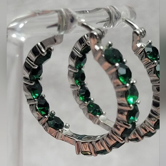 Emerald Color Crystal Hoop Earrings - Picture 10 of 16